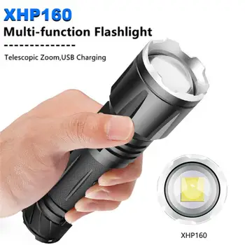 XHP160 Forte Luz de Tochas Portátil, Lanterna de LED Recarregável USB Alumínio Zoom Tático Lanterna de Emergência de Campismo Luz