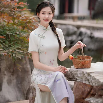 Verão Retrô estampa Floral Cheongsam Moderna de Manga Curta Qipao Chinês Tradicional Roupas para Mulheres