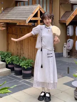 2023 Novo Chinês floral manga curta camisa de chiffon comprimento médio nova moda de verão definido para as mulheres diário melhorado hanfu conjunto