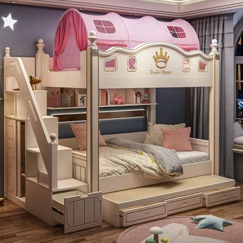 Double decker cama com duas superior e inferior beliches, menina, da princesa de casal, madeira maciça de alta e baixa cama, de madeira, cama de casal