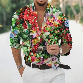 Kemeja Trópis Havaí Mewah untuk Pria Blus Lengan Panjang Motivo Bunga 3d Kemeja Atasan Longgar Camisa Liburan Pantai Homme