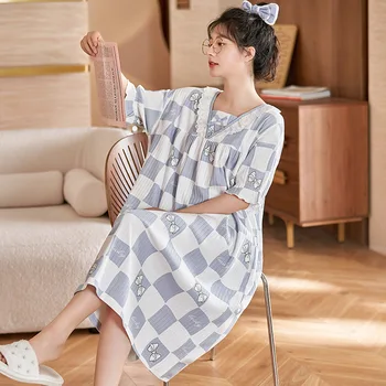 O Coreano Doce Nightdress Para As Mulheres De Algodão Camisa De Dormir Pijamas De Verão, Mangas Curtas Camisolas Feminino Roupas De Dormir Loungewear