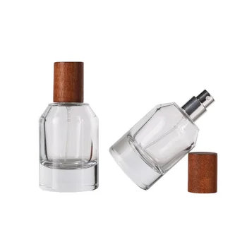 Vaporizador de Perfume Reutilizável Madeira Friso Tampa da Bomba de Cosméticos Embalagem de 35ml Vazio de Espessura Inferior de Vidro Transparente Frasco de Spray 5pcs