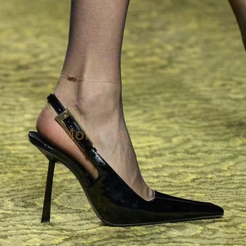 Dedo do pé Coberto de Mulheres Sandálias de Verão 2023 Sandálias de Couro Salto Alto para Trás Alça Slingback Senhoras de Trabalho do Office Sapatos