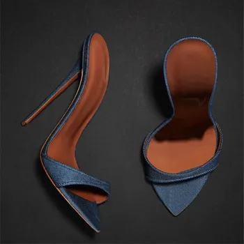 Sombra Azul Denim De Alta Finas De Calcanhar Chinelos Mulheres Da Moda Stiletto Jeans Dedo Do Pé Aberto Slides Fora Senhora De Sandálias Sapatos De Grande Dimensão 46