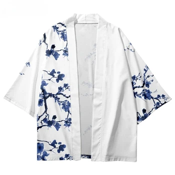 2023 Praia No Verão As Mulheres Quimono Azul Flor Impresso 3/4 Camisa De Manga Haori De Moda Casual Quimono Yukata Homens Tradicional Topo