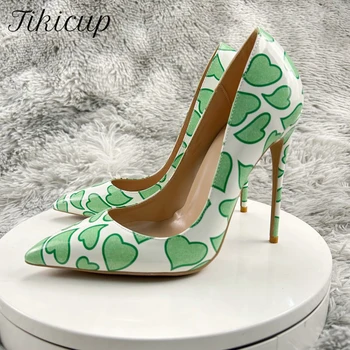 Tikicup Verde de Impressão Mulheres Pontiagudo Dedo do pé de Sapatos de Salto Alto 10 cm 12 cm 8 cm de espessura de salto alto Bombas de Vestido de Terno Plus Size 33-45