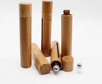 10pcs/lot 10ml rolo de Bambu em garrafa de bola de aço do rolo de frasco / loção de cosméticos, frascos para perfumes, óleo