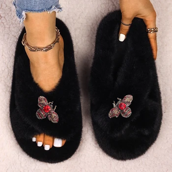 Chinelos Macios Mulheres Em Casa Flip-Flops Peludos Sapatos De Insetos Decoração De Moda De Sandálias De Senhoras De Inverno De Luxo, Chinelos De Design Casual Novo