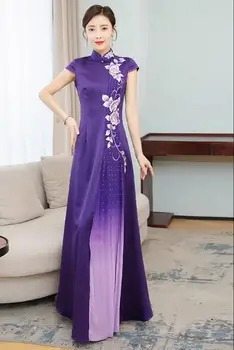 Chinês da Primavera e Verão Longo da Pista de Vestido das Mulheres de Púrpura Bordado Cheongsam