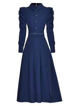 Sweetsince O Vestido Azul De Primavera Outono Mulheres Gola Polo Bolha Luva Dividida Swing Coreano Moda Elegante Casual 2023 Designer De Novo