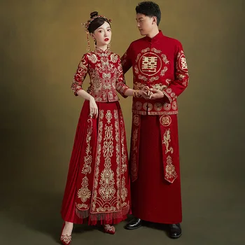 Tradicional Bordado de Alta Qualidade Noivo Noiva Vestido de Noiva Retrô Chinês Refinado, Elegante Casar Cheongsam Oversize 6XL