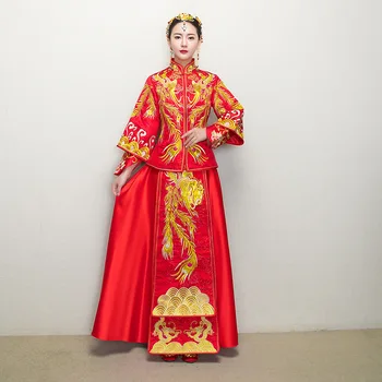 Vermelho Chinês Tradicional Vestido De Casamento Vestido De 2018 Nova Mulher Longo Cheongsam Qipao Vestido Estilo Oriental Vestidos
