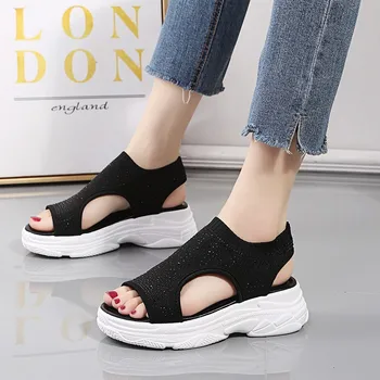 Sapatos femininos 2023high Qualidade Malha Bling Mulheres Sandálias Slip-on Plataforma Sandálias das Mulheres do Dedo do pé Redondo Esponja Inferior Sapatos de Senhoras