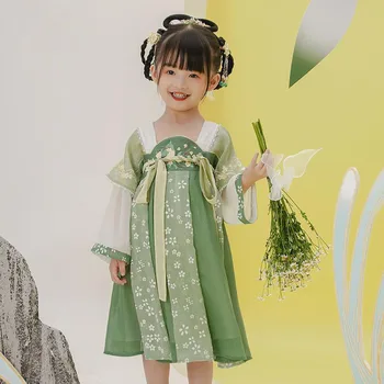 Panda Bady 2023 Verão Longo Mangas Joelho de Comprimento Vintage Floral Verde Ruqun para Meninas Hanfu Vestido Conjunto com Elementos Chineses