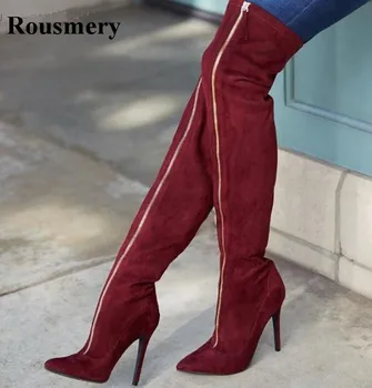Nova Moda Das Mulheres De Zíper Frontal Camurça Vermelha Sobre O Joelho Botas De Salto Alto Apontado Toe Coxa Calcanhar Longas Botas De Salto Alto