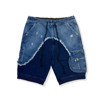 Homens Lavado Denim Shorts Jeans Verão de Retalhos de Algodão