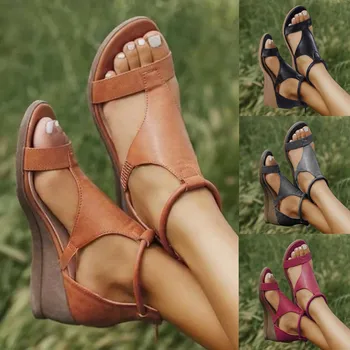 As Mulheres Sapatos De Conforto De Verão 2023 Plus Size Senhoras Sandálias De Salto Zíper Retro Sandálias De Cunha Mulher De Fundo Macio Praia Mujer