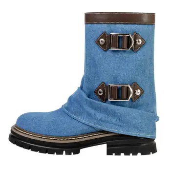 2023 Outono/Inverno Novo Vintage Denim, Calças de Pernas Curtas, Botas de Salto Baixo Grosso Única Plataforma Fivela do Cinto Sapatos femininos Azul cor-de-Rosa