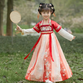 Bordados Hanfu para Meninas Crianças Vestido de Ano Novo Traje de Carnaval de Dança de Fadas Vestidos de Festa Tradicional Chinesa Roupas Hft055