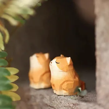 Criativo escultura em madeira de pequeno gato laranja Shiba Inu mesa de decoração gato dos desenhos animados mini escultura em madeira do animal de estimação de presente de aniversário