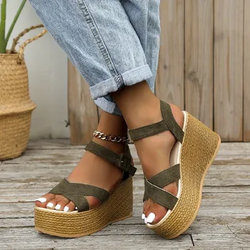 Moda de Sandálias de Cunha para as Mulheres de Verão 2023 Casual antiderrapante Peep Toe Plataforma Sapatos de Sola de Borracha com Fivela Elegantes Saltos 
