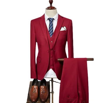 A primavera E o Outono Business Casual Homens de Terno de Alta Qualidade Clássico 3Pieces Masculino Blazer Jaqueta Vermelha+Calça+Colete de Casamento Homme Traje
