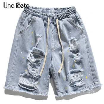 Una Reta de Verão, Homens Novos Shorts Streetwear Hip hop de Tinta inicial do Projeto do Furo Shorts Jeans Homens Soltos Casual Par de Shorts