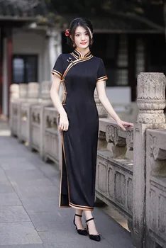 Yourqipao Longo de Cor Sólida Chinês Tradicional Cheongsam Novo 2023 Mulheres Retro Temperamento Passarela Desempenho Vestido de Verão