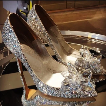 2022 Novo Strass Salto Alto Sapatos de Cinderela Mulheres Bombas dedo Apontado Mulher de Cristal de Casamento Sapatos de 5cm e 7cm de 9 cm calcanhar tamanho grande