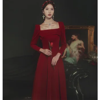 Yourqipao Casamento Brinde Cheongsams Novo 2023 Temperamento Vinho Vermelho Vestido De Noiva De Mulheres Vestidos De Veludo Longo Vestido Chinês