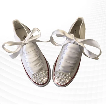 Branca de baixo-superior pérola fita de acessórios personalizados sapatos de lona integrado athleisure sapatos de sapatos femininos 35-46