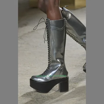 Senhora vintage cor de prata de design da plataforma do joelho botas causal diário chunky calcanhar lace-up boots de volta zip vestido botas tamanho 46 footwe