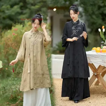 2023 chinês tradicional vintage vestido de flor nacional do bordado cetim jacquard cheongsam oriental melhorado qipao folk vestido