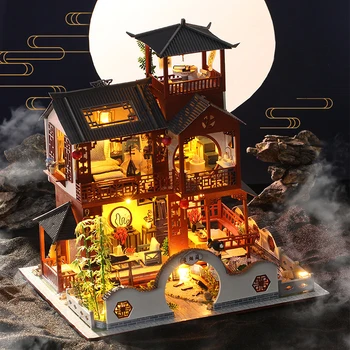 DIY de Madeira Casa de bonecas Chinesas Arquitetura Antiga com Mobiliário Romântico Antique Villa Mini Kit de Construção de Brinquedo para Crianças para Adultos