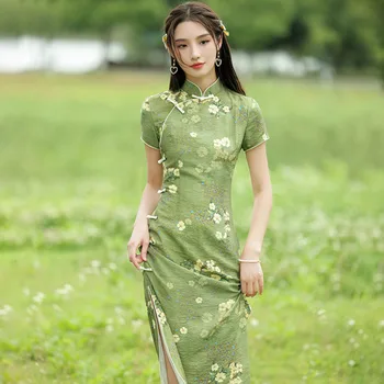 2023 Mulheres De Verão Vintage Verde Da Flor De Impressão Cheongsam Elegante Chinês Fenda Lateral Qipao Vestido De Doce Fino De Aniversário Da Menina Vestidos