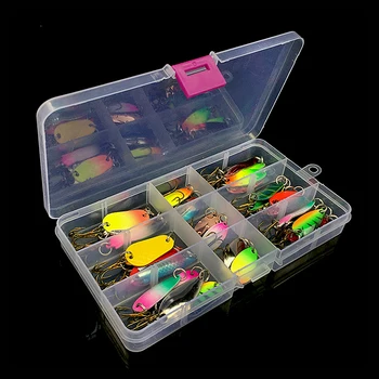 30pcs Multicolor Artificiais de Pesca do Lure do Kit de Metal Duro Colher de Lantejoulas Spinner Baits com Ganchos e Semi-transparente da Caixa