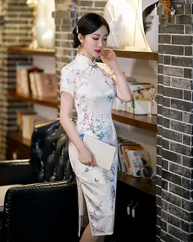 Mulheres Sexy Clássico De Alta Dividir Cheongsam Partido Chinês Tradicional Vintage Colarinho De Mandarim Estampa Floral Qipao