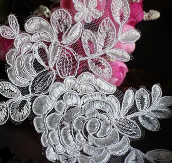 Quente Novo Estilo de Peônia Flor de Noiva Casamento Cocar Manual DIY Bordado Off White Lace Patch Motivo Applique a Faixa do Arco de Cabelo