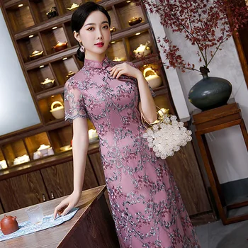 Yourqipao 2023 Verão Melhorado Cheongsam Malha Bordado Frisado Elegante Roxo Qipao Estilo Chinês Vestido de Noite para Mulheres do Partido