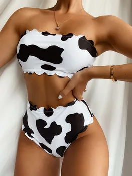2023 Mulheres Vaca Impressão Sexy Elástico Enrolado Bikini Conjunto de Senhoras de 2 peças de Haigh Cintura Maiô de Flexão Acolchoado Swimwear