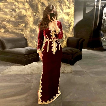 GUXQD Marroquino Caftan Vestido de Noite de Ouro Apliques de Renda Mangas Borgonha Sereia Veludo árabe Vestidos de Baile Vestido de Festa