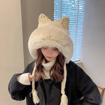 Orelhas de gato (Cozido de gato orelha em forma de pão) inverno de tricô chapéu de proteção para os ouvidos Lei Feng chapéu de pelúcia chapéu macio irmã bonito chapéu de lã