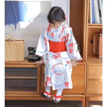 Japão Garoto Japonês de Estilo Quimono Menina Retro Longo Vestido de Ouro de Peixes Imprime Crianças Realizando Vestido de Fotografia Desgaste Roupão de banho