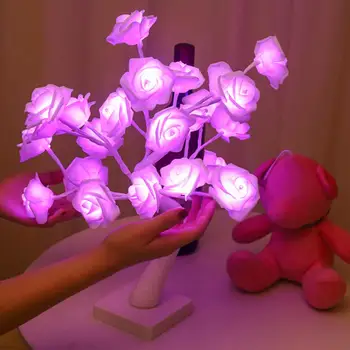 Flor de rosa Lâmpada funciona com Bateria de Iluminação sem Cintilação Romântico de Cabeceira DIODO emissor de Luz da área de Trabalho Rosa Flor de Árvore de Presente de Natal Decoração