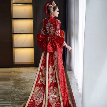 Elegante Chinês Brilhante Lantejoulas Beading Borlas Bordado Vestido De Noiva Rejeito Cheongsam Traje De Noiva Vintage Vestido De Brinde