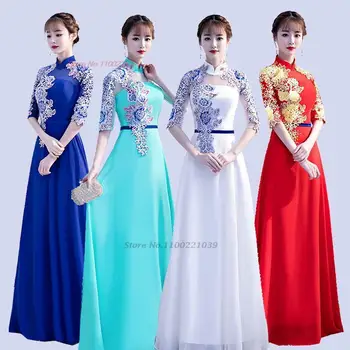 2023 chinês tradicional vestido vintage qipao nacional do bordado de flores de renda cheongsam oriental do banquete, o vestido de noite vestido