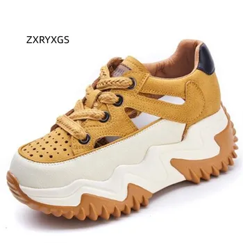 ZXRYXGS 2023 Couro Oco Verão as Mulheres Tênis Sandálias Plataforma antiderrapante Interior da Intensificação Sapatos Casuais, Tênis Tendência de Sapatos
