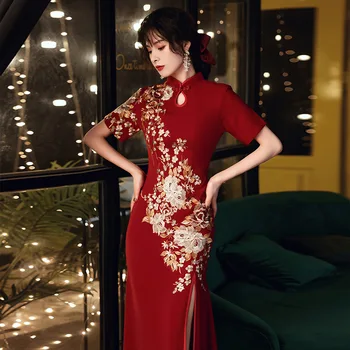 Estilo Chinês Senhora Qipao Vestido De Noiva Bordado De Flor Cheongsam Sexy Slim Dividir Sereia Vestido De Festa Noite Elegante Vestidos