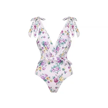 2023 Novo Sexy Retro Estampa Floral Swimsuit De Uma Peça De Pescoço De V Bowknot Swimwear Das Mulheres Sem Encosto Maiô De Verão, Roupas De Praia